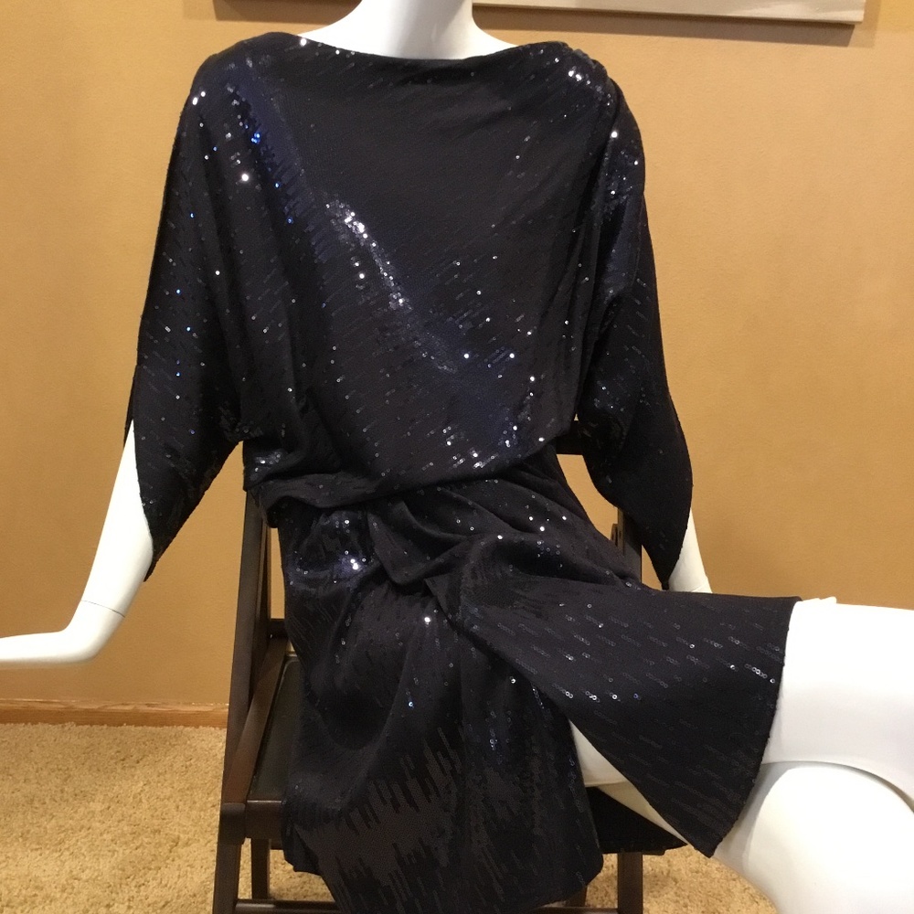David Meister designer navy blue sequin dress 8